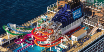 a cruise ship with water slides