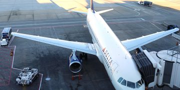 Delta Air Lines airplane at gate Concourse B Atlanta airport