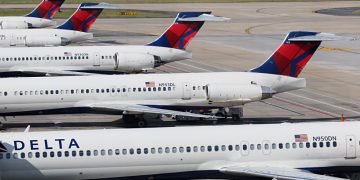 Delta Air Lines airplanes at gates Concourse B Atlanta airport