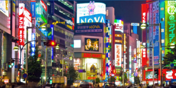 a city street with many colorful buildings