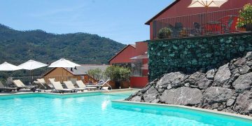 a pool with rocks and a building in the background