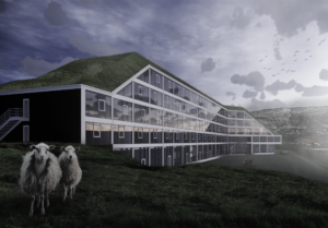 a building with sheep in front of it