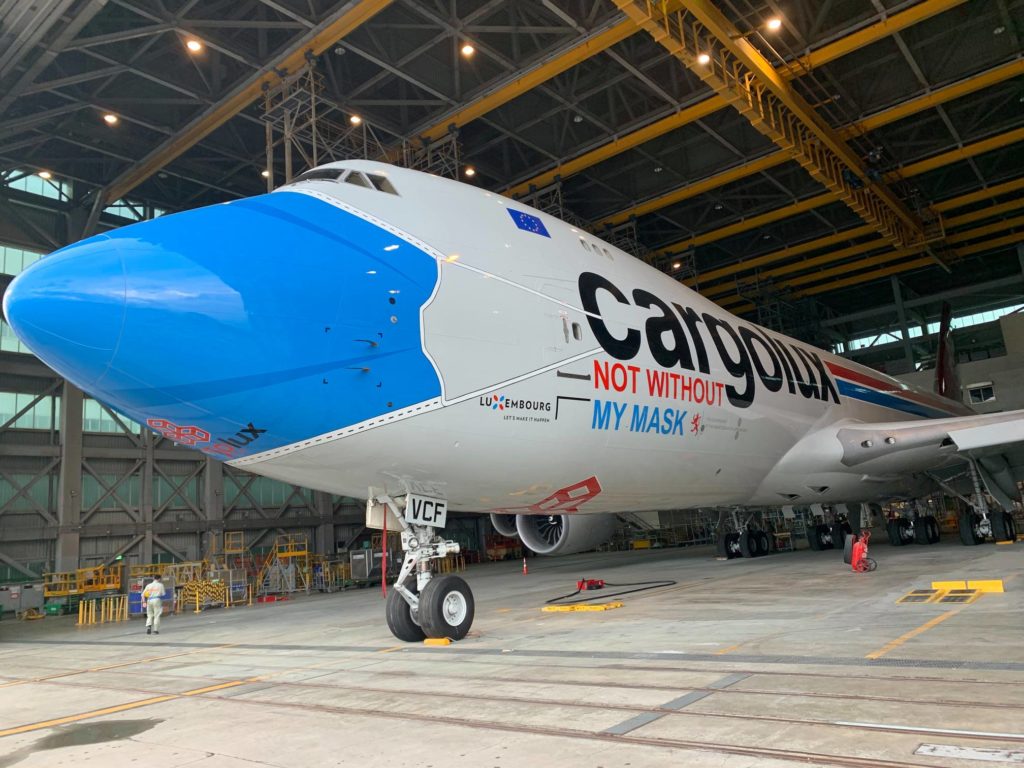 A Cargolux aircraft emphasizing the important of wearing face masks (Source: Cargolux)