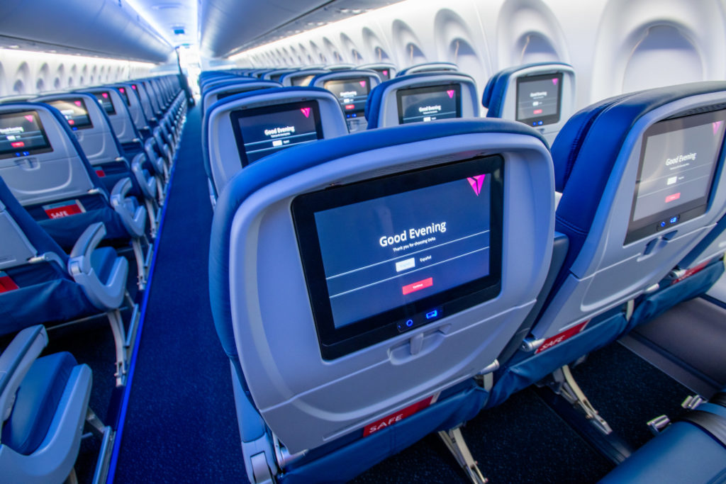 Delta Airbus A220 cabin with seat back entertainment system (Source: Delta)