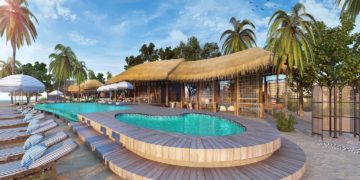 a pool and a hut with palm trees