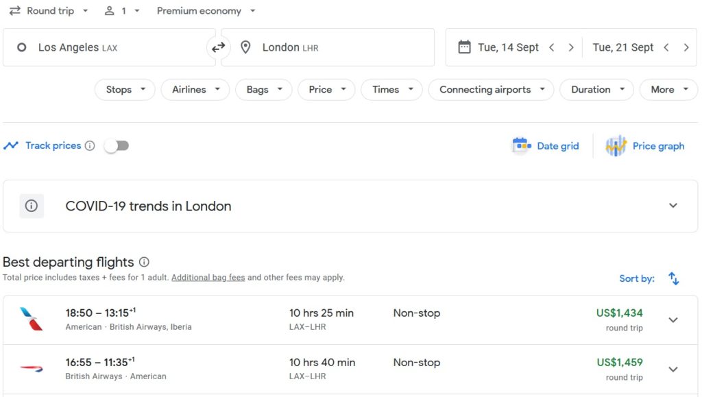 a screenshot of a flight schedule