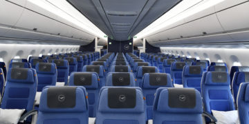 a plane with blue seats