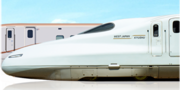 a white bullet train with a white building in the background