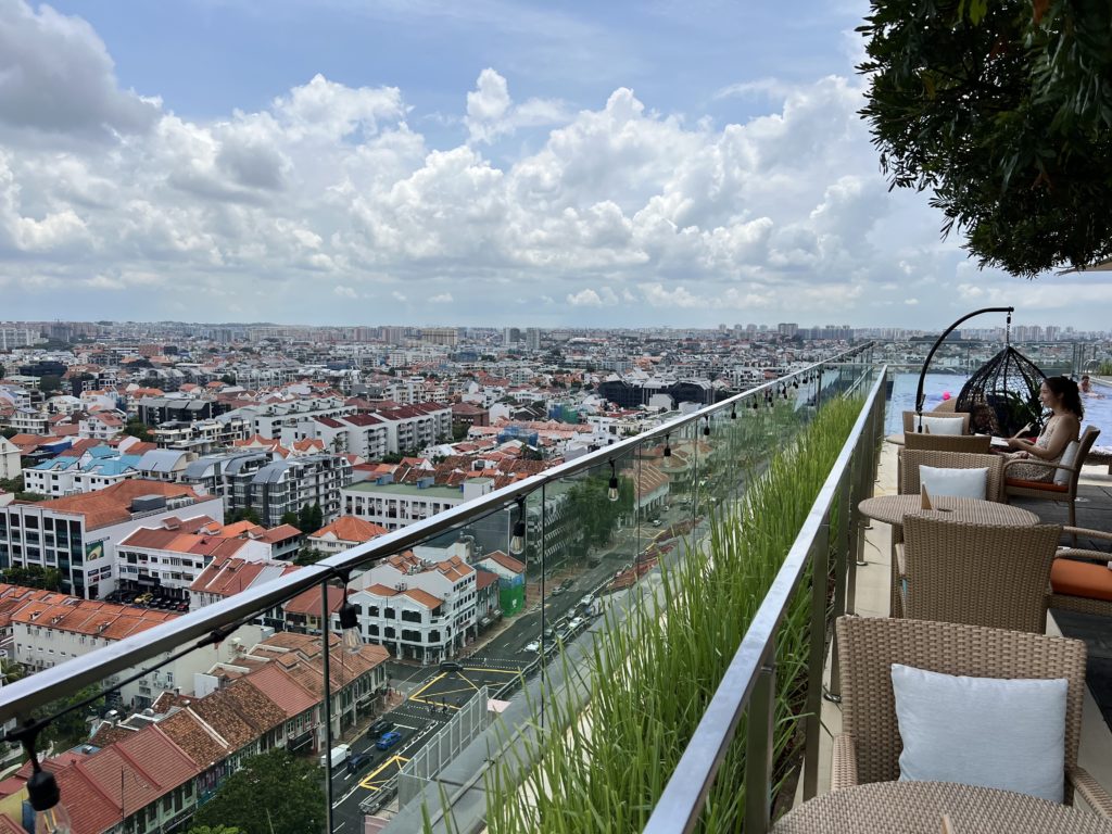 a rooftop bar with a view of a city and a street