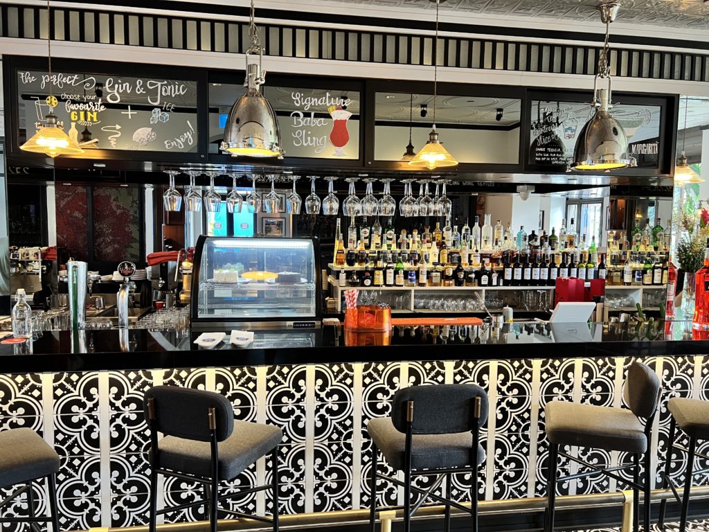 a bar with a counter and bar stools