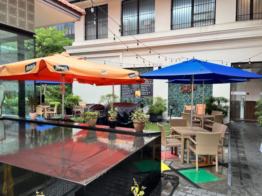 a patio with umbrellas and tables