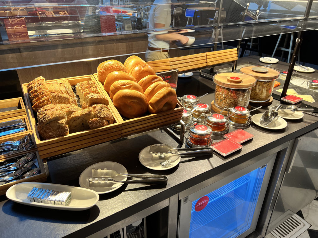 a display of bread and other food items