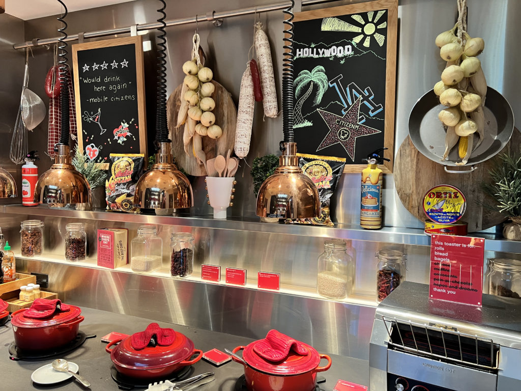 a kitchen with pots and pans