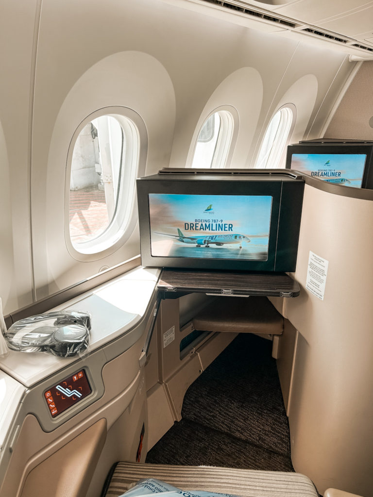 a tv on a table in an airplane